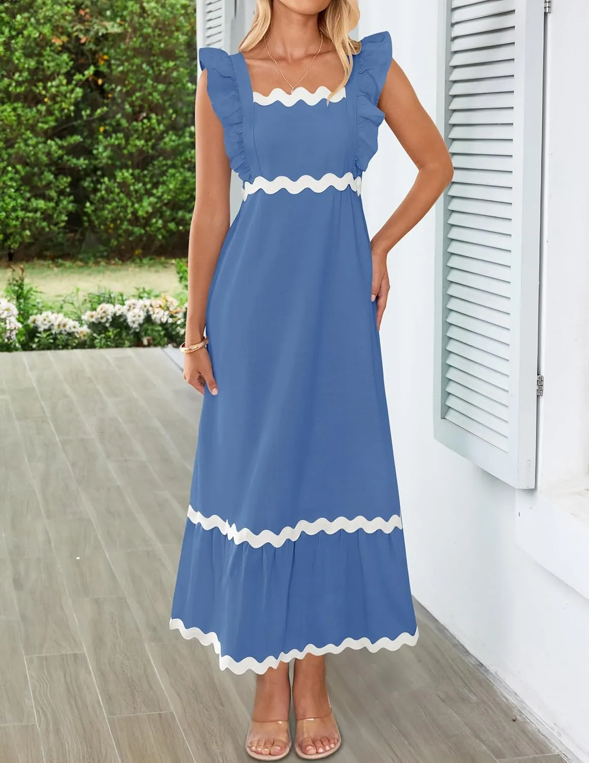 ZESICA Women's Summer Sleeveless Ruffle Dresses Square Neck Backless Boho Flowy Maxi Sundress with Pockets
