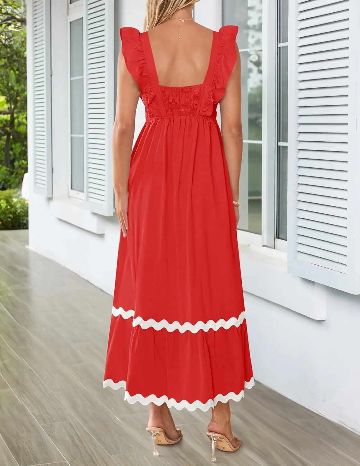 ZESICA Women's Summer Sleeveless Ruffle Dresses Square Neck Backless Boho Flowy Maxi Sundress with Pockets