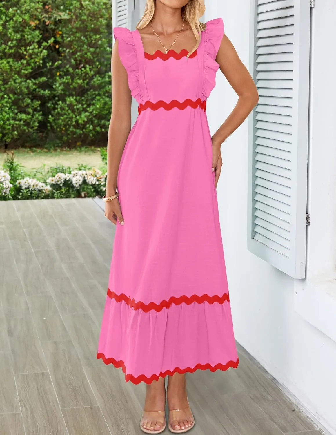 ZESICA Women's Summer Sleeveless Ruffle Dresses Square Neck Backless Boho Flowy Maxi Sundress with Pockets