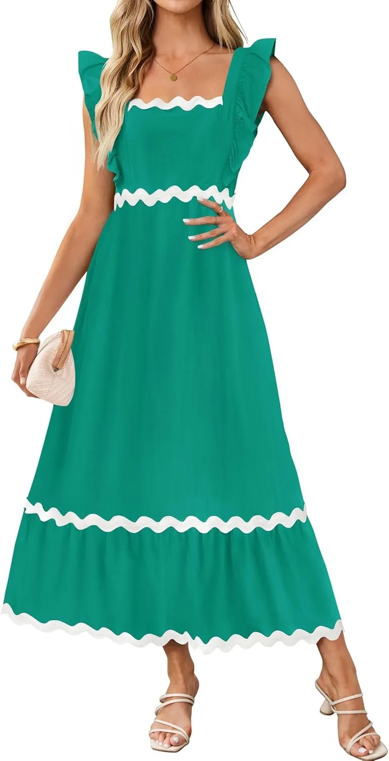 ZESICA Women's Summer Sleeveless Ruffle Dresses Square Neck Backless Boho Flowy Maxi Sundress with Pockets