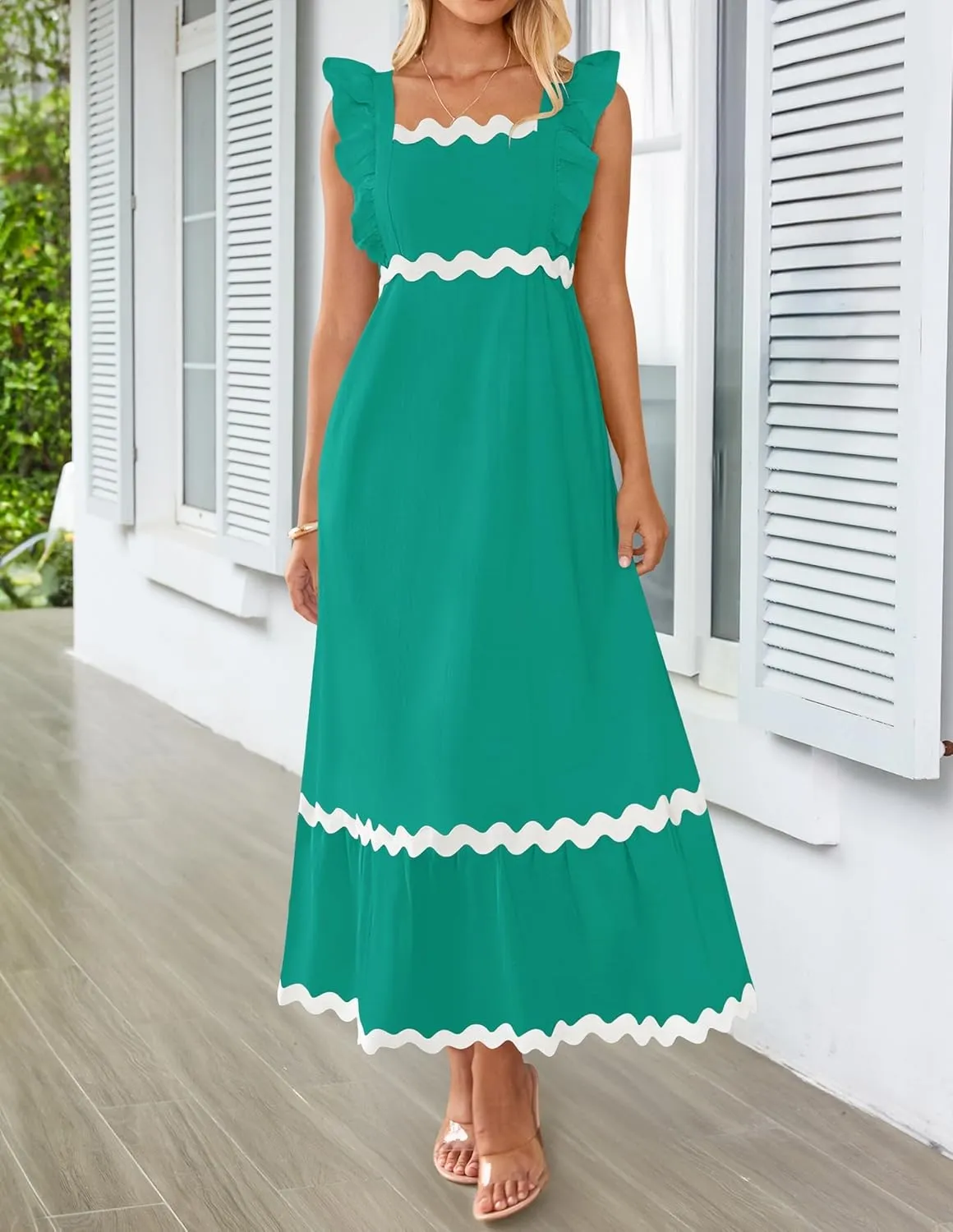 ZESICA Women's Summer Sleeveless Ruffle Dresses Square Neck Backless Boho Flowy Maxi Sundress with Pockets