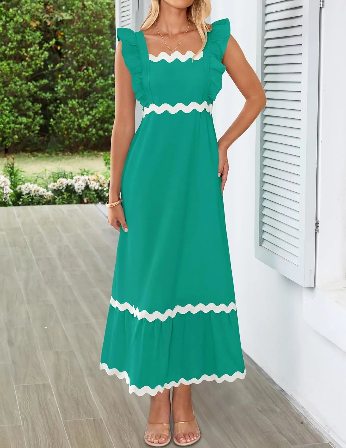 ZESICA Women's Summer Sleeveless Ruffle Dresses Square Neck Backless Boho Flowy Maxi Sundress with Pockets