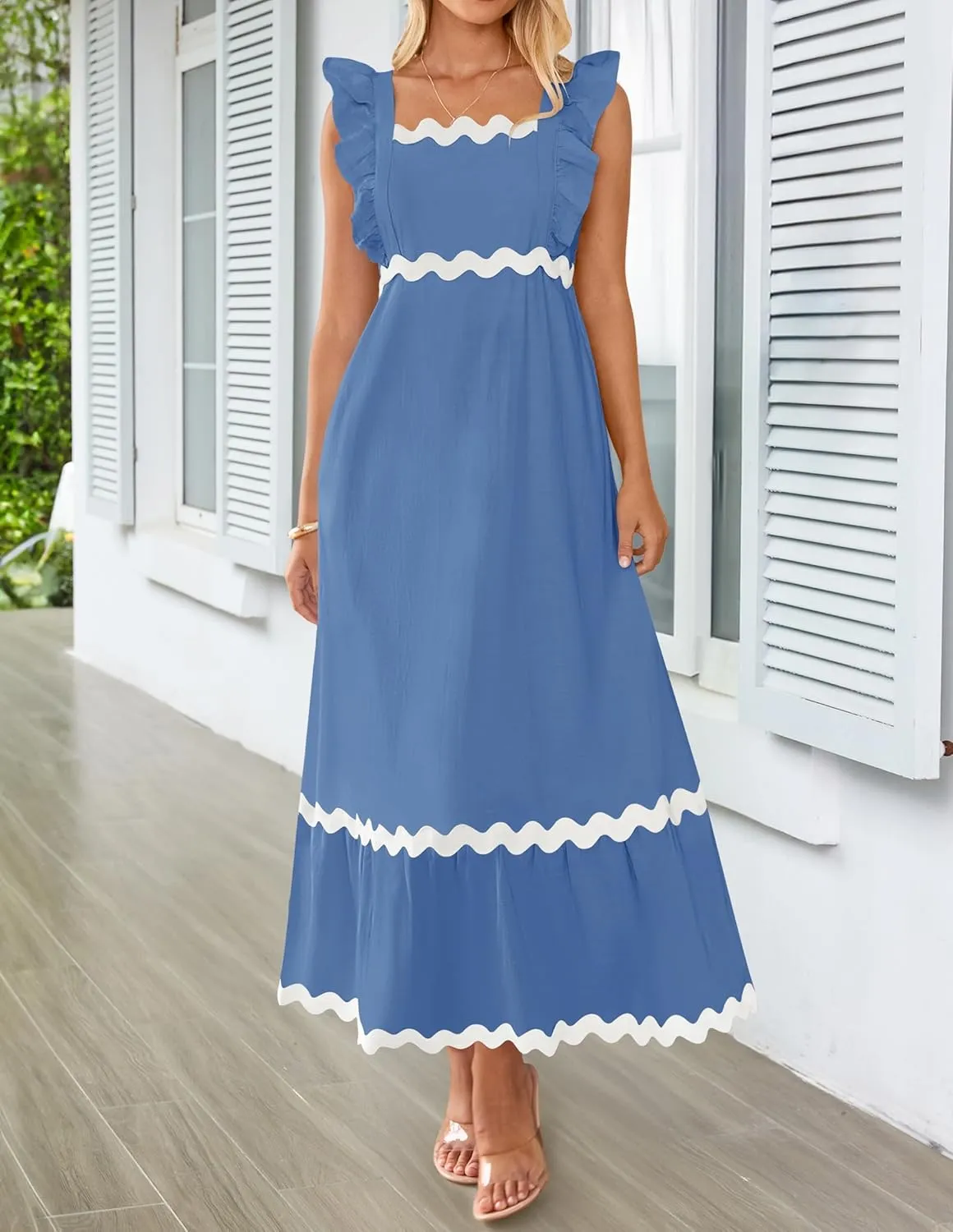 ZESICA Women's Summer Sleeveless Ruffle Dresses Square Neck Backless Boho Flowy Maxi Sundress with Pockets