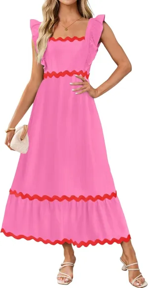 ZESICA Women's Summer Sleeveless Ruffle Dresses Square Neck Backless Boho Flowy Maxi Sundress with Pockets