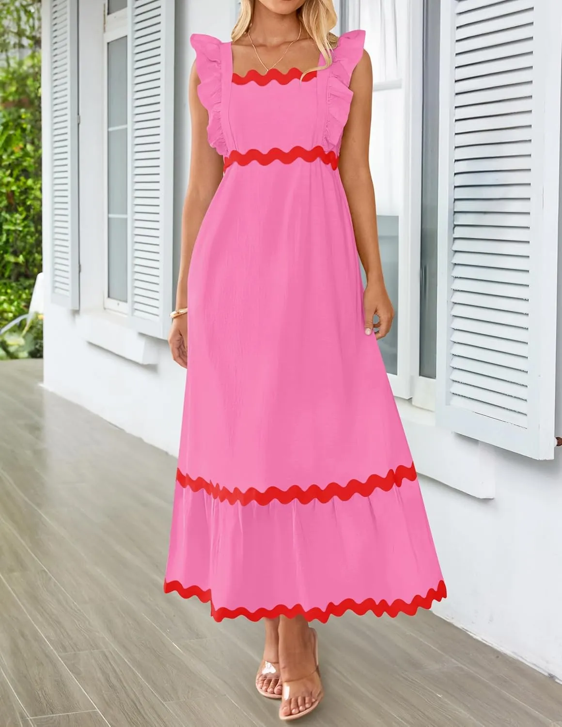 ZESICA Women's Summer Sleeveless Ruffle Dresses Square Neck Backless Boho Flowy Maxi Sundress with Pockets