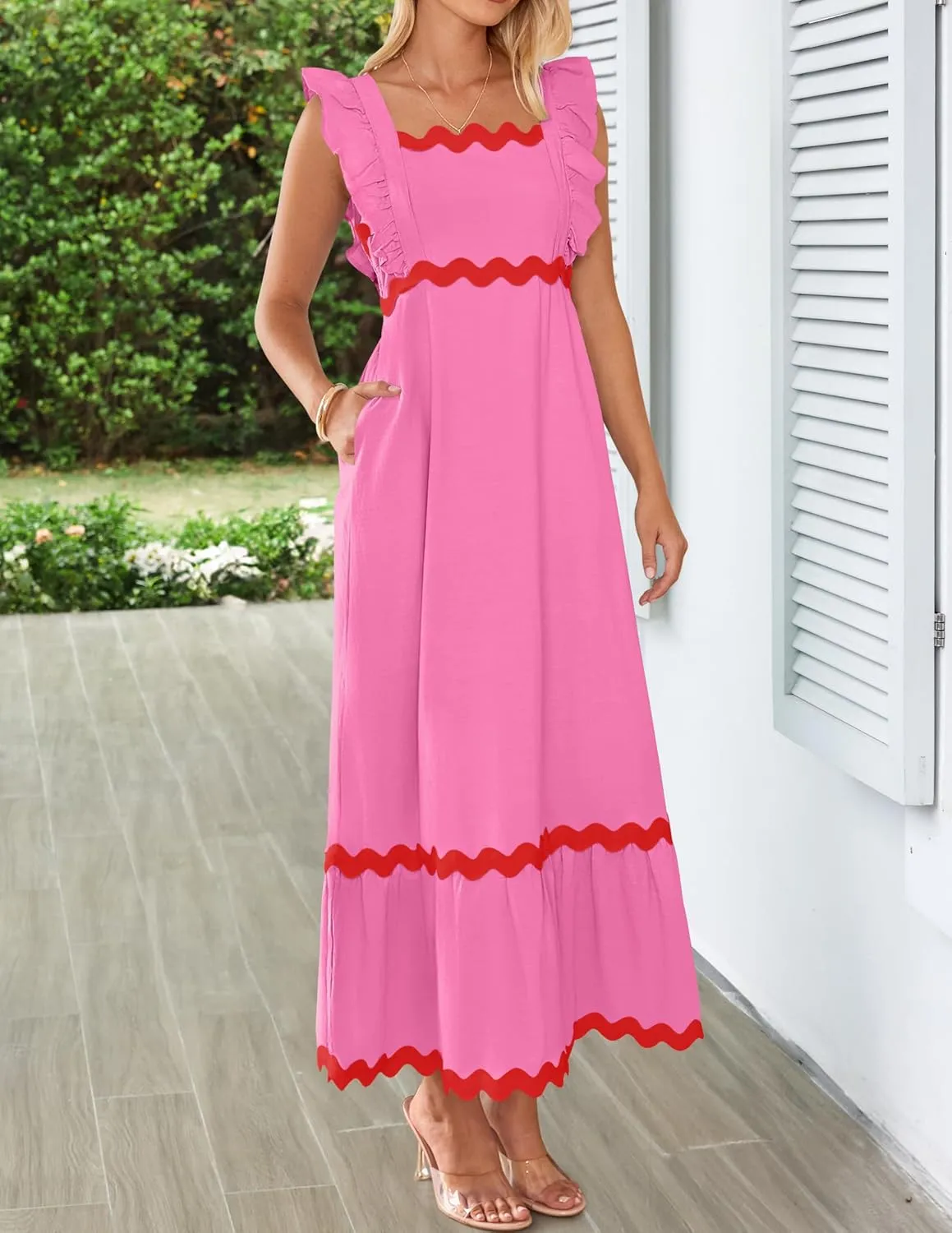 ZESICA Women's Summer Sleeveless Ruffle Dresses Square Neck Backless Boho Flowy Maxi Sundress with Pockets
