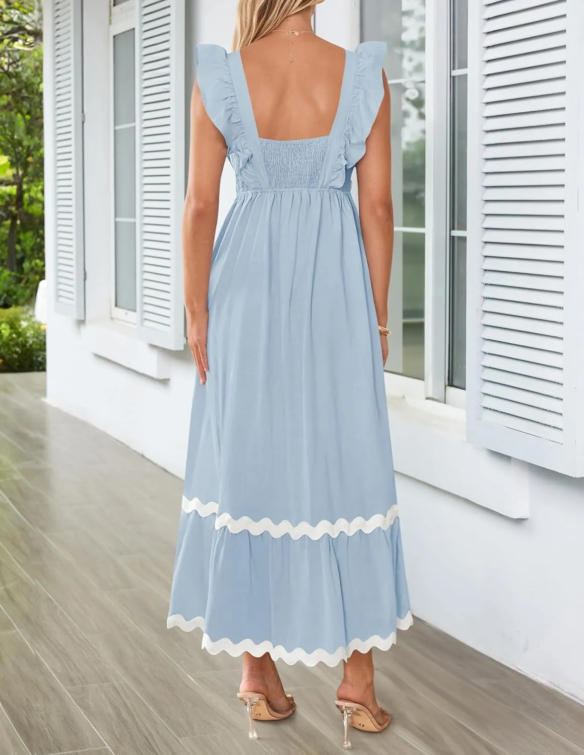 ZESICA Women's Summer Sleeveless Ruffle Dresses Square Neck Backless Boho Flowy Maxi Sundress with Pockets