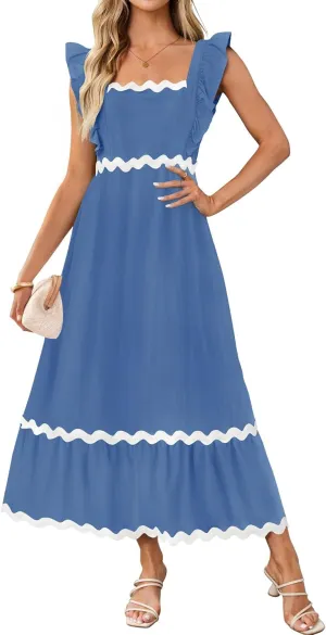 ZESICA Women's Summer Sleeveless Ruffle Dresses Square Neck Backless Boho Flowy Maxi Sundress with Pockets