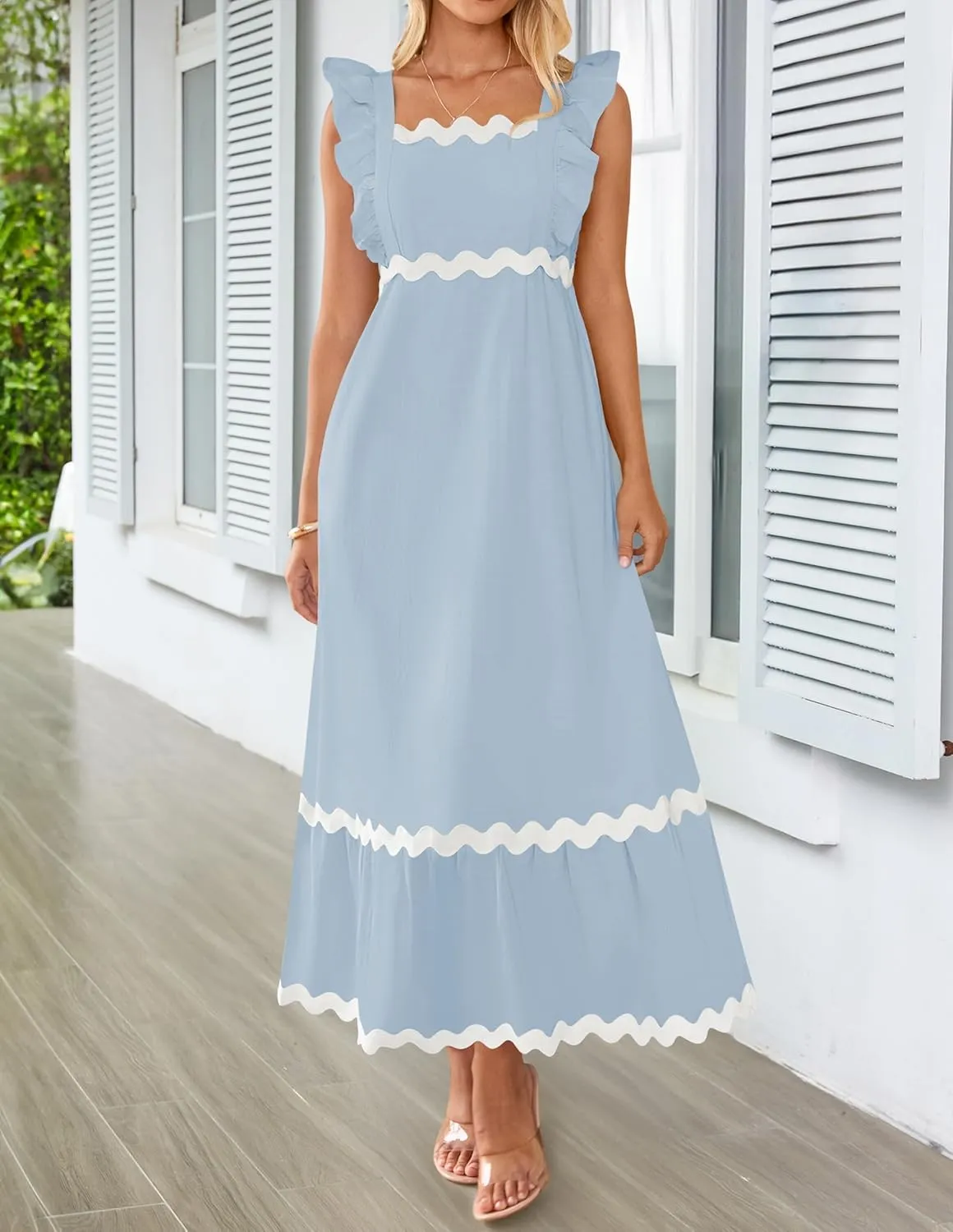 ZESICA Women's Summer Sleeveless Ruffle Dresses Square Neck Backless Boho Flowy Maxi Sundress with Pockets