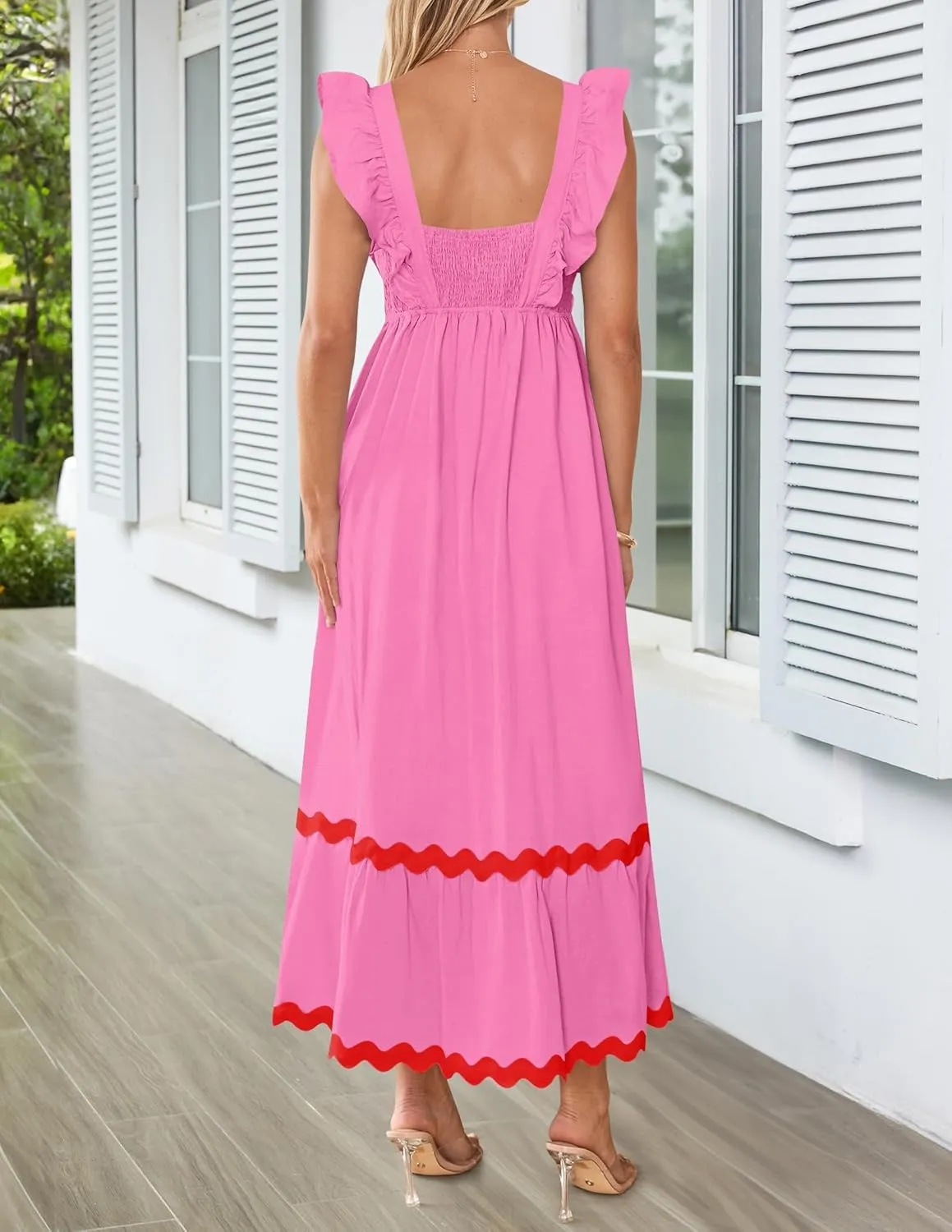 ZESICA Women's Summer Sleeveless Ruffle Dresses Square Neck Backless Boho Flowy Maxi Sundress with Pockets