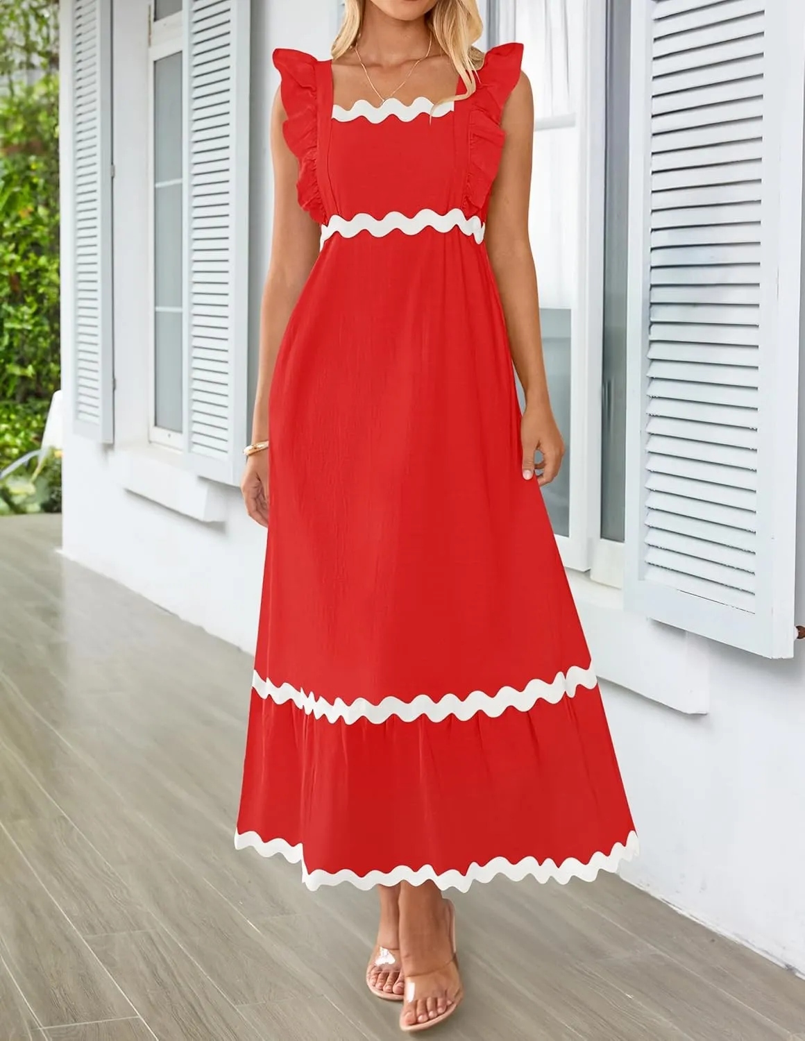 ZESICA Women's Summer Sleeveless Ruffle Dresses Square Neck Backless Boho Flowy Maxi Sundress with Pockets