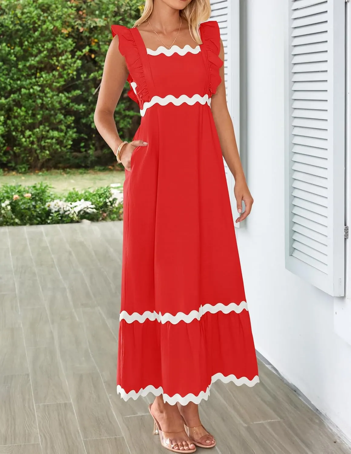 ZESICA Women's Summer Sleeveless Ruffle Dresses Square Neck Backless Boho Flowy Maxi Sundress with Pockets