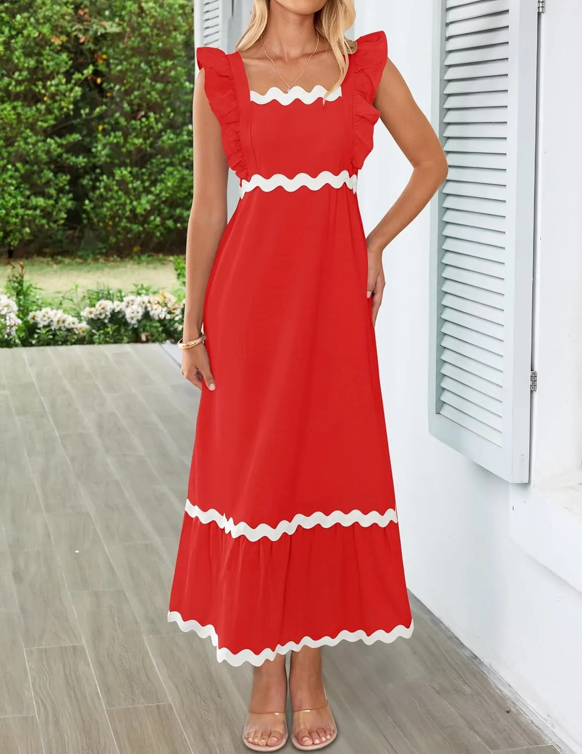 ZESICA Women's Summer Sleeveless Ruffle Dresses Square Neck Backless Boho Flowy Maxi Sundress with Pockets