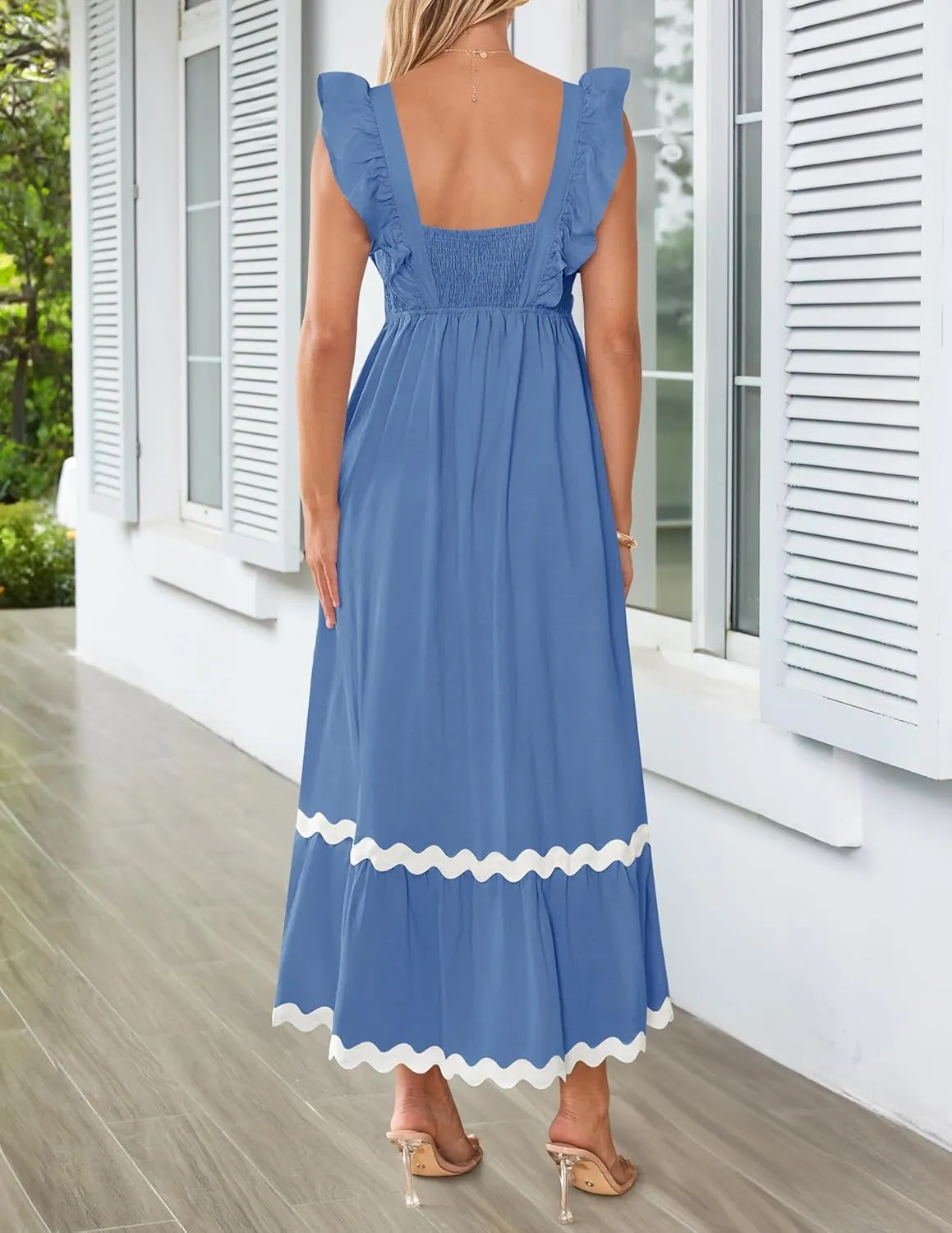 ZESICA Women's Summer Sleeveless Ruffle Dresses Square Neck Backless Boho Flowy Maxi Sundress with Pockets