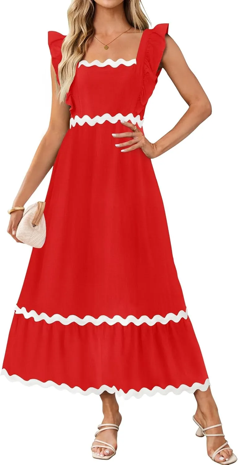 ZESICA Women's Summer Sleeveless Ruffle Dresses Square Neck Backless Boho Flowy Maxi Sundress with Pockets