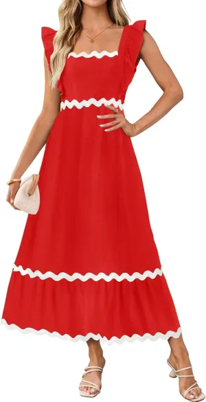 ZESICA Women's Summer Sleeveless Ruffle Dresses Square Neck Backless Boho Flowy Maxi Sundress with Pockets
