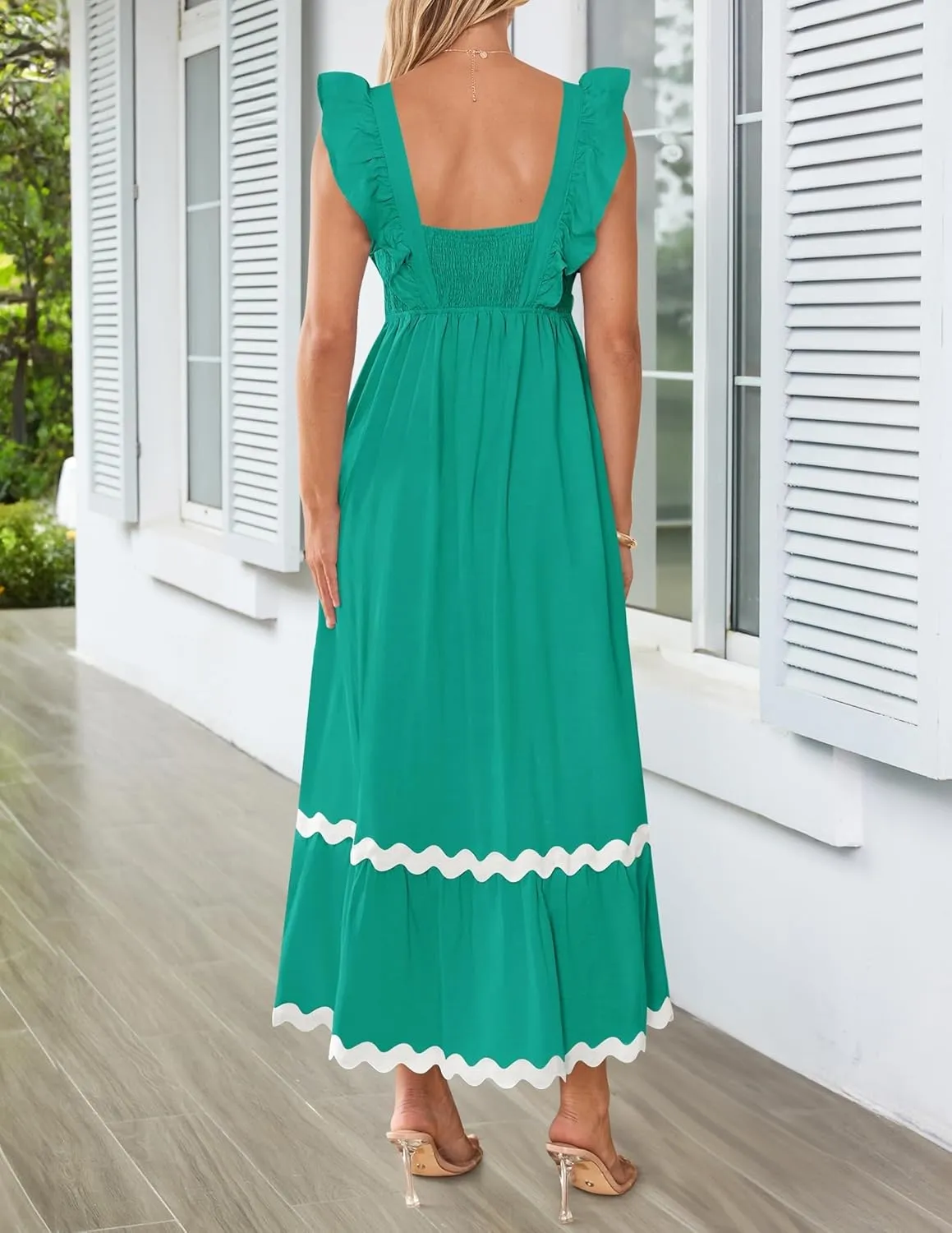 ZESICA Women's Summer Sleeveless Ruffle Dresses Square Neck Backless Boho Flowy Maxi Sundress with Pockets