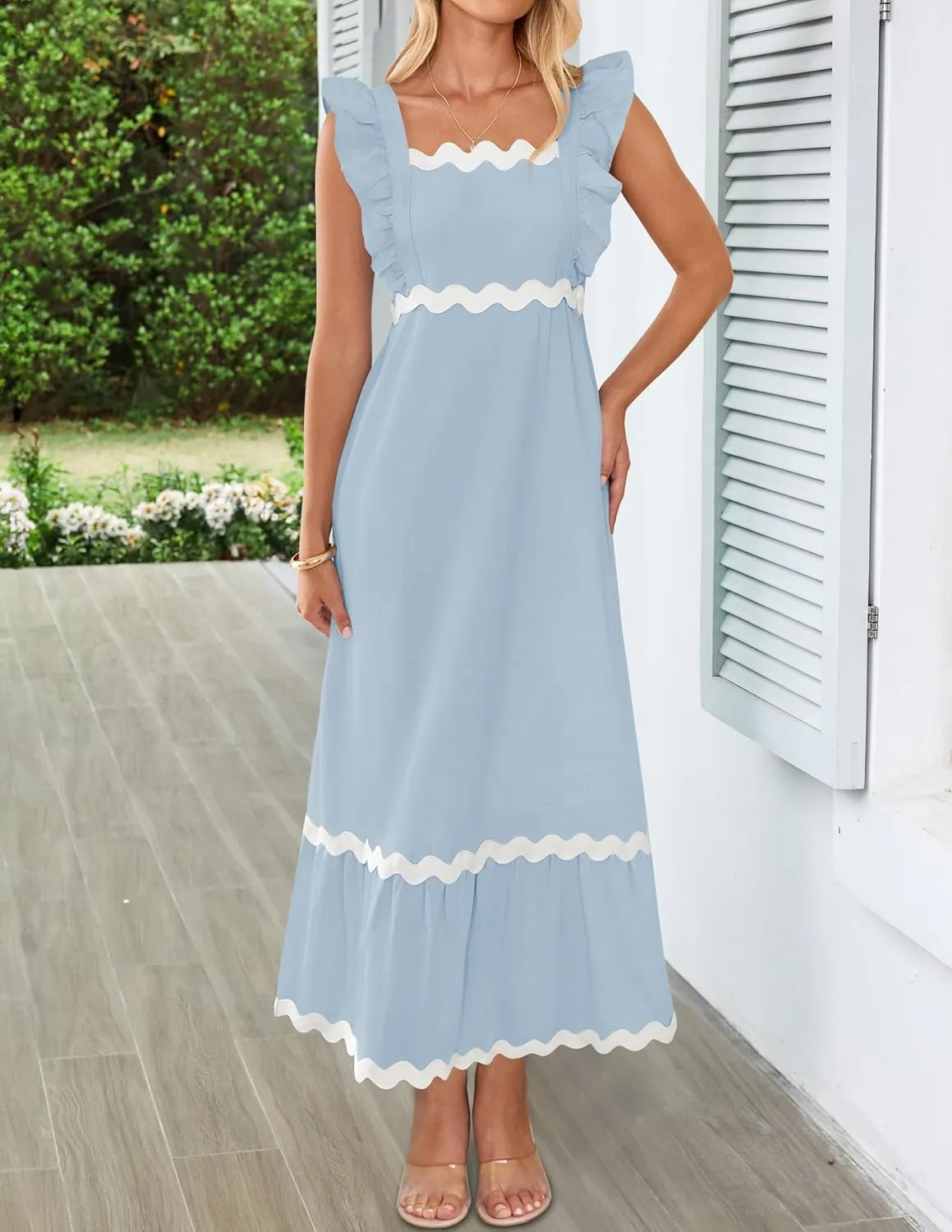 ZESICA Women's Summer Sleeveless Ruffle Dresses Square Neck Backless Boho Flowy Maxi Sundress with Pockets