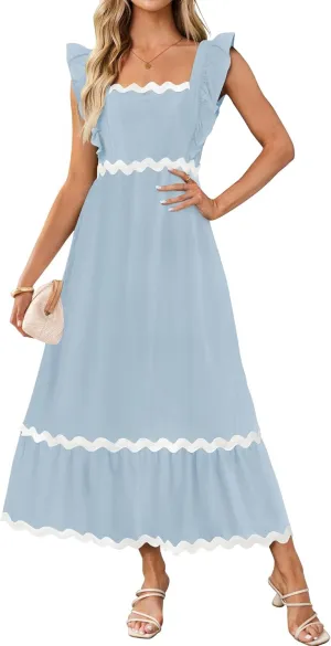 ZESICA Women's Summer Sleeveless Ruffle Dresses Square Neck Backless Boho Flowy Maxi Sundress with Pockets