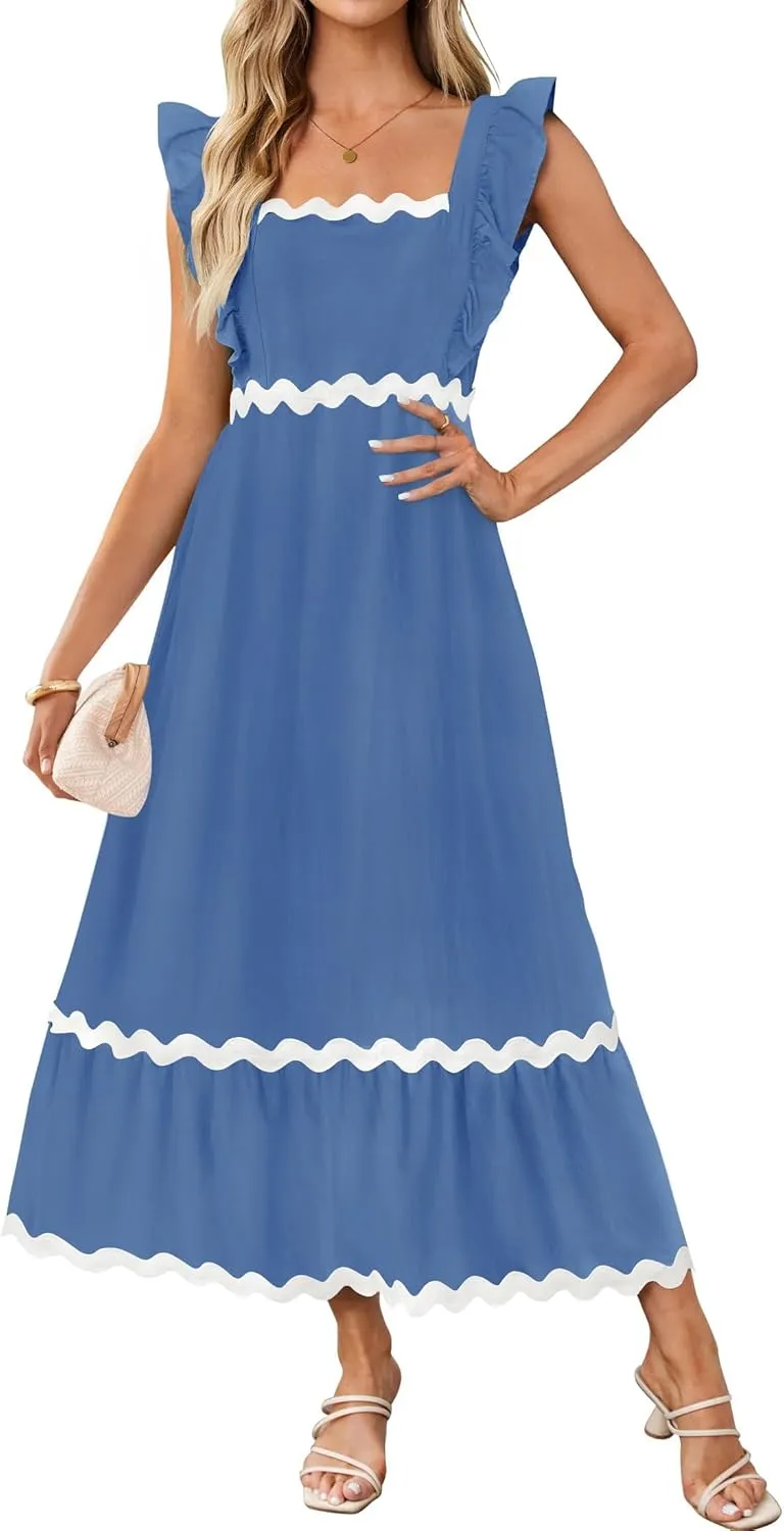 ZESICA Women's Summer Sleeveless Ruffle Dresses Square Neck Backless Boho Flowy Maxi Sundress with Pockets