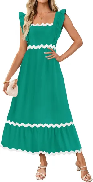 ZESICA Women's Summer Sleeveless Ruffle Dresses Square Neck Backless Boho Flowy Maxi Sundress with Pockets