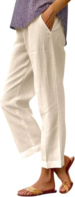 ZOCAVIA Womens Capris Pants Summer Cotton Linen High Waist Baggy Pants Comfy Casual Lightweight Trousers with Pockets