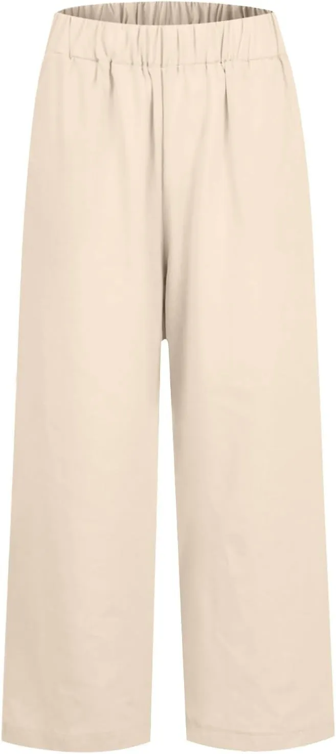 ZOCAVIA Womens Capris Pants Summer Cotton Linen High Waist Baggy Pants Comfy Casual Lightweight Trousers with Pockets