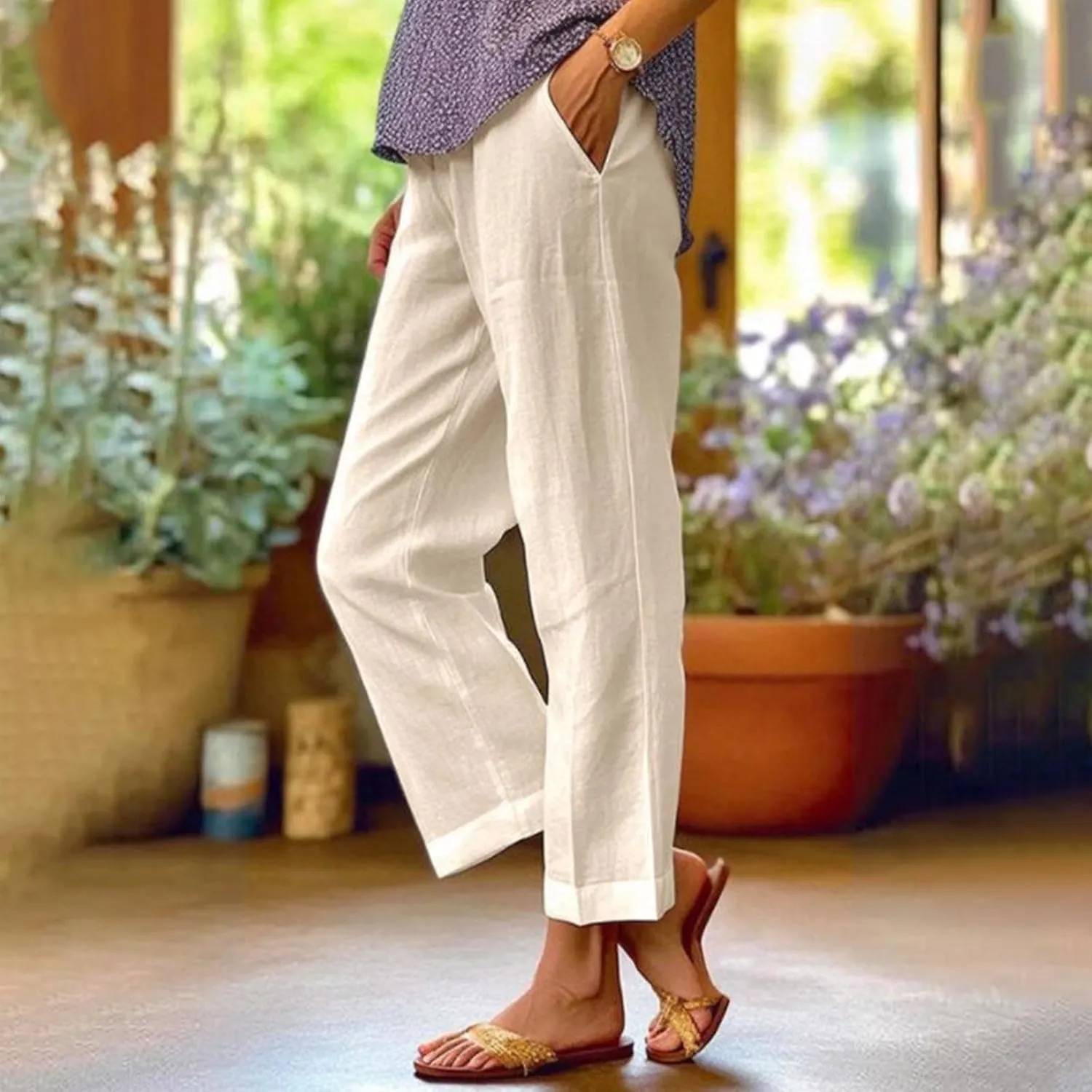 ZOCAVIA Womens Capris Pants Summer Cotton Linen High Waist Baggy Pants Comfy Casual Lightweight Trousers with Pockets