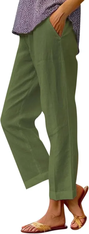 ZOCAVIA Womens Capris Pants Summer Cotton Linen High Waist Baggy Pants Comfy Casual Lightweight Trousers with Pockets