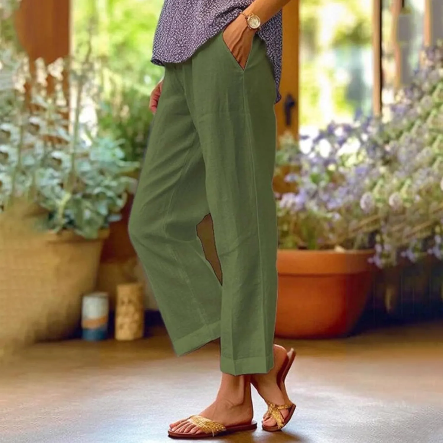 ZOCAVIA Womens Capris Pants Summer Cotton Linen High Waist Baggy Pants Comfy Casual Lightweight Trousers with Pockets