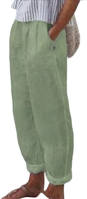 ZOCAVIA Women's Cotton Linen Capri Pants Summer Lightweight Elastic Waist Palazzo Harem Pants Baggy Trousers with Pockets