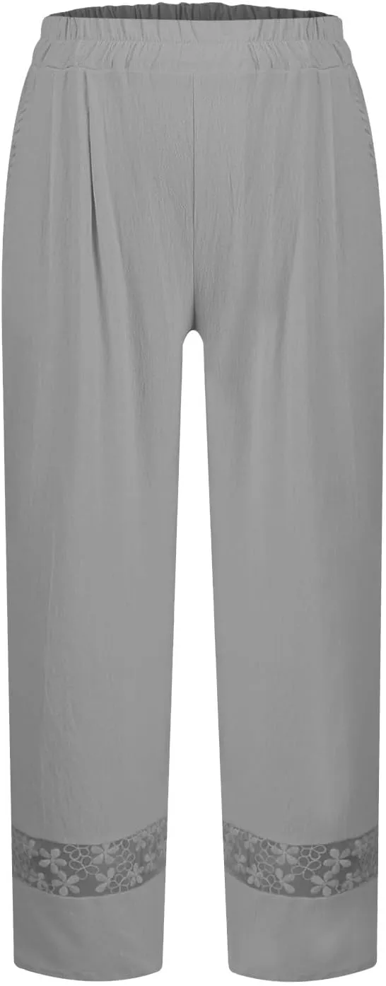 ZOCAVIA Women's Cotton Linen Capri Pants Summer Lightweight Elastic Waist Palazzo Harem Pants Baggy Trousers with Pockets