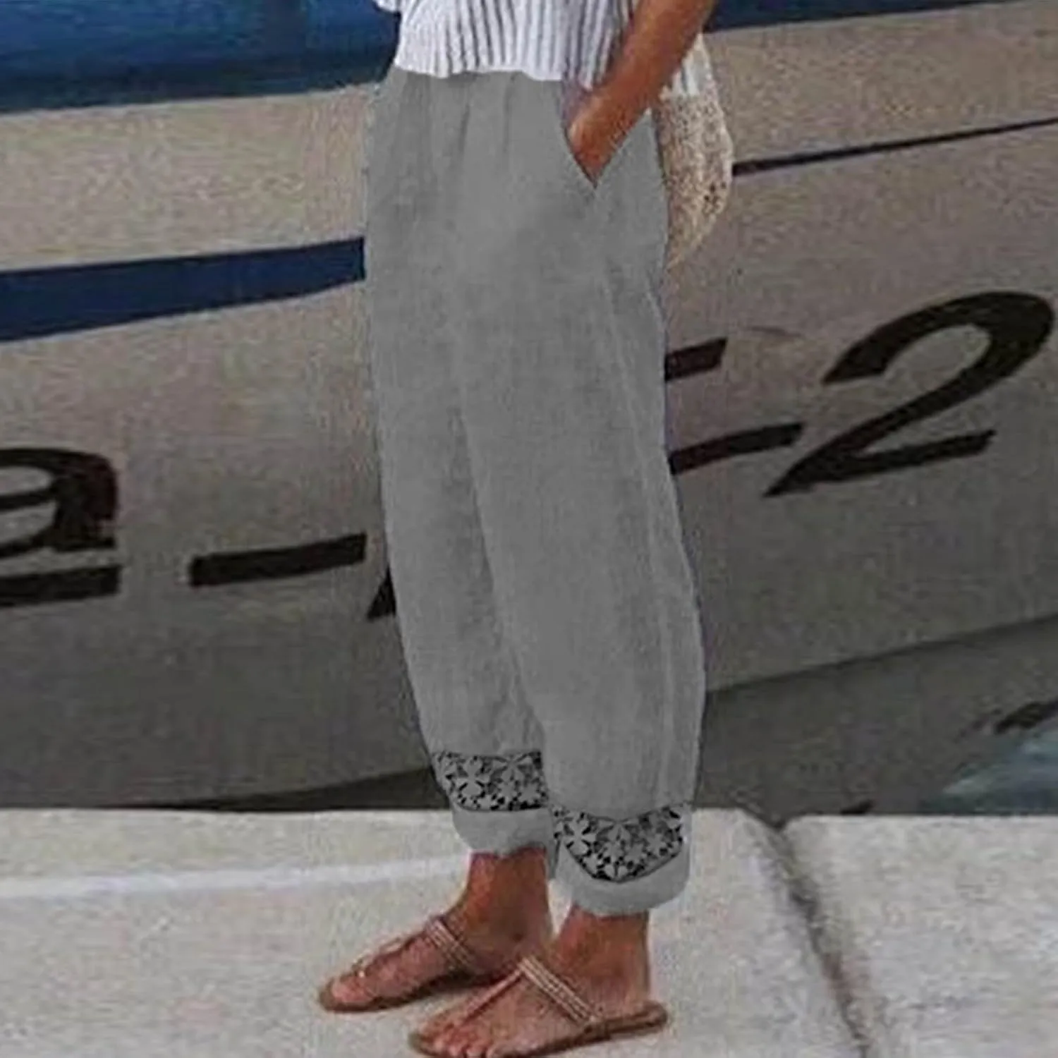 ZOCAVIA Women's Cotton Linen Capri Pants Summer Lightweight Elastic Waist Palazzo Harem Pants Baggy Trousers with Pockets