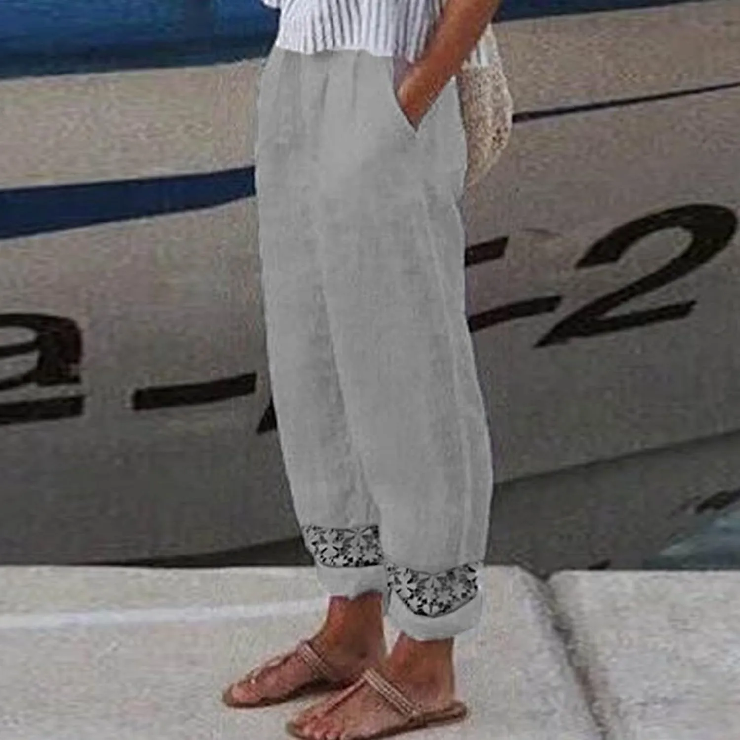 ZOCAVIA Women's Cotton Linen Capri Pants Summer Lightweight Elastic Waist Palazzo Harem Pants Baggy Trousers with Pockets