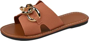 ZSpzx 2025 Women's Flat Sandals Open Toe Slip On Sparkly Flat Sandal with Metal RIng Ladies Comfortable Cushion Footbed Non Slip Low Heel Slides Casual Shoes for Daily Wear Outdoor Indoor