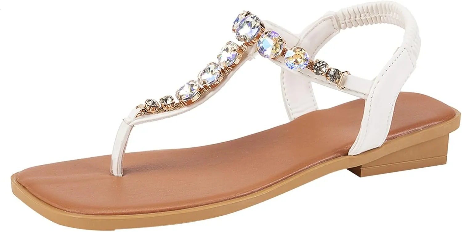 ZSpzx Women's Boho Rhinestones Flat Sandals,Clip Square Toe Glitter Sparkly Elastic Strappy Dressy Sandal Ladies Comfortable Slingback Sexy Cute Shoes for Wedding Bridal Evening Cocktail