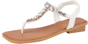 ZSpzx Women's Boho Rhinestones Flat Sandals,Clip Square Toe Glitter Sparkly Elastic Strappy Dressy Sandal Ladies Comfortable Slingback Sexy Cute Shoes for Wedding Bridal Evening Cocktail
